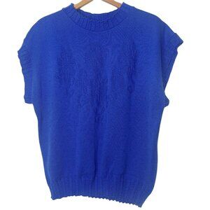 Vintage VGC Womens L Sweater Vest Royal Blue Floral Sleeveless Retro Bouquet